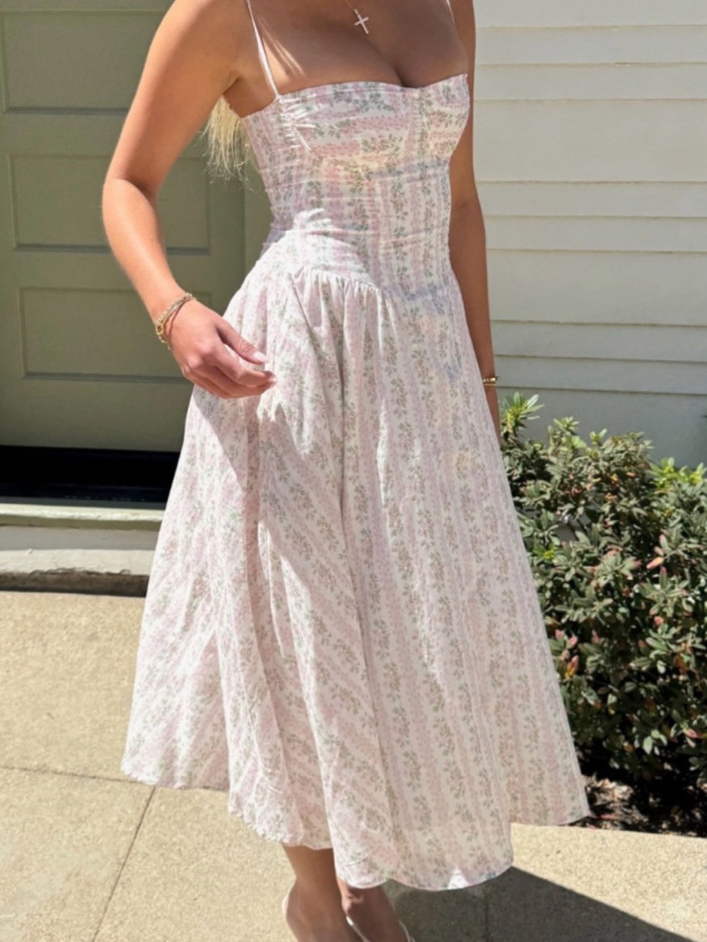 Pastel Pink Floral Midi Dress with Spaghetti Straps